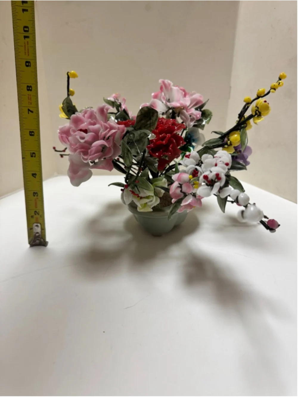 Vintage Yaun Feng Oriental Jade Glass Flowering Blossom Bonsai Tree